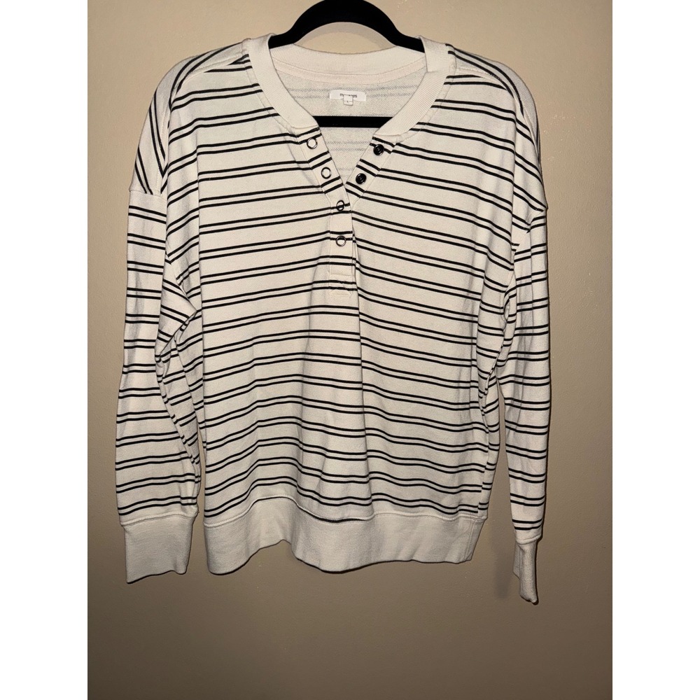 Maurices Womens Cream Black Striped Henley Snap Button Sweatshirt L Relaxed